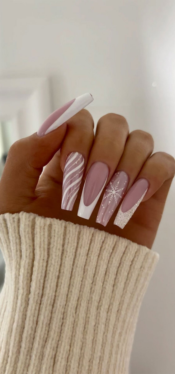 Winter Wonders 49 Festive Christmas Nail Art Designs : White Snowflake & Candy Cane Acrylic Nails