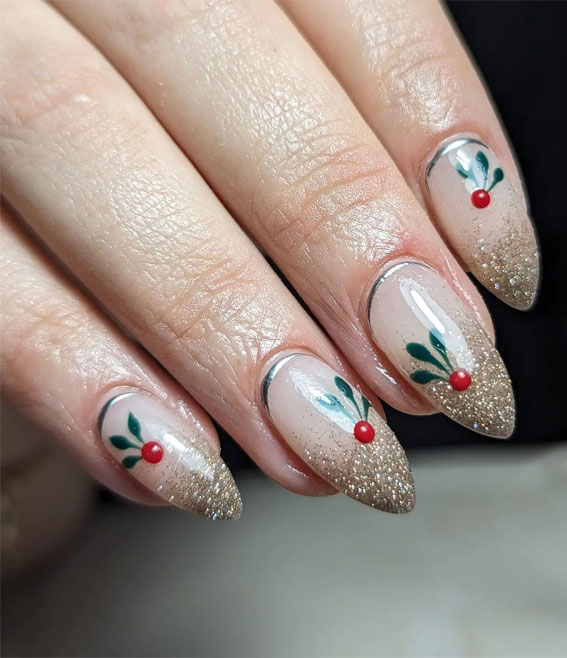 Winter Wonders 49 Festive Christmas Nail Art Designs : Holly & Glitter Tip Nails
