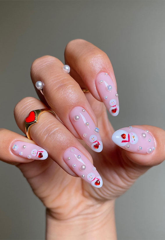Winter Wonders 49 Festive Christmas Nail Art Designs : Snowman Tips with Pearl Accent