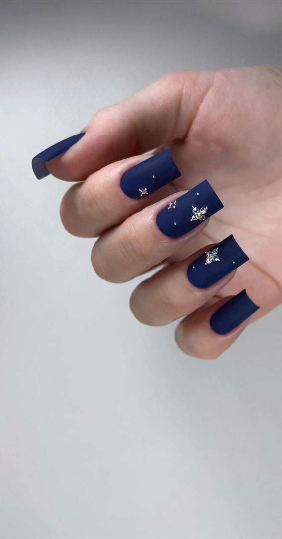 Winter Wonders 49 Festive Christmas Nail Art Designs : Matte Navy Blue Nails with Gold Stars