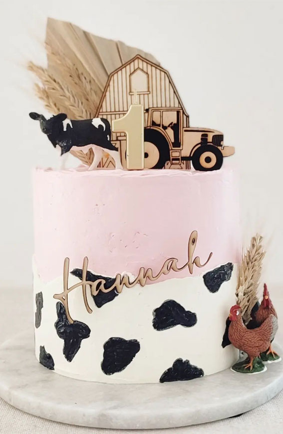 50+ Delightful 1st Birthday Cake Ideas for “Sweet Beginnings” : Pink & Gold + Cow Print Farm-Themed Cake