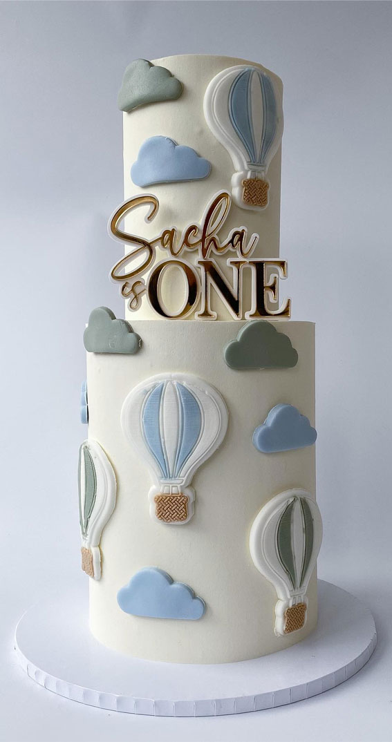 50+ Delightful 1st Birthday Cake Ideas for “Sweet Beginnings” : Blue Cloud & Hot Air Balloon Two Tiers