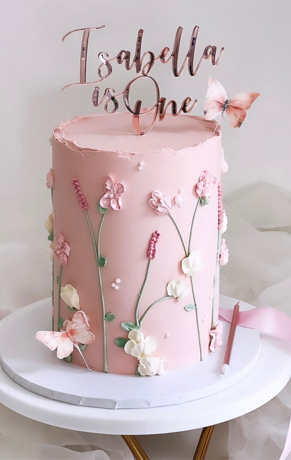 50+ Delightful 1st Birthday Cake Ideas for “Sweet Beginnings” : Pretty Piped Floral Pink Cake