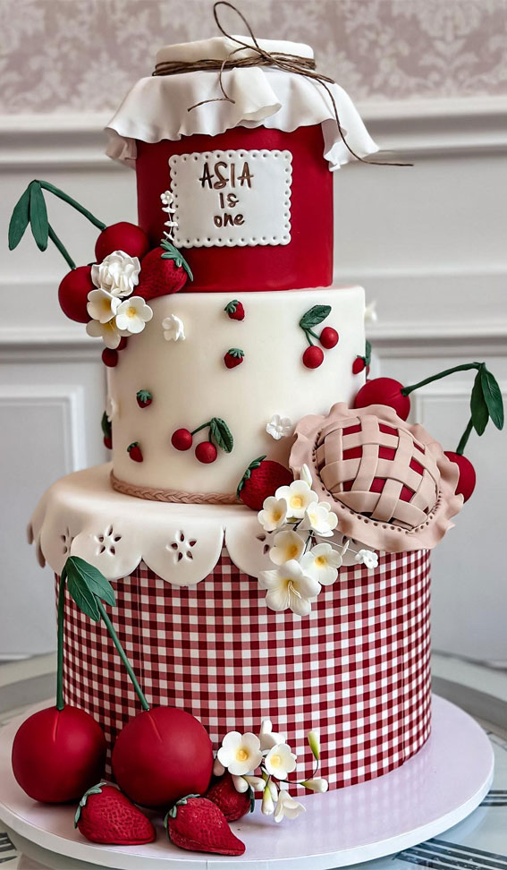 50+ Delightful 1st Birthday Cake Ideas for “Sweet Beginnings” : Berry & Gingham First Birthday Cake