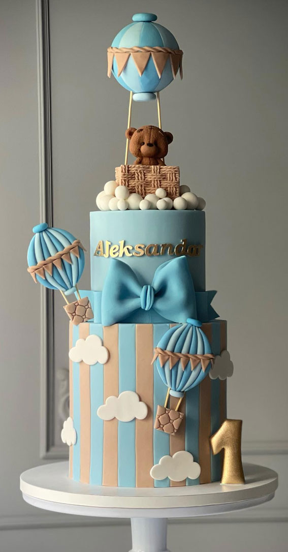 50+ Delightful 1st Birthday Cake Ideas for “Sweet Beginnings” : Blue & Brown Hot Air Balloon Cake
