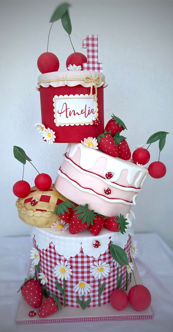 berry cake, gingham cake,  first birthday cake, first birthday cake ideas, first birthday cake, 1st birthday cake, cute first birthday cake