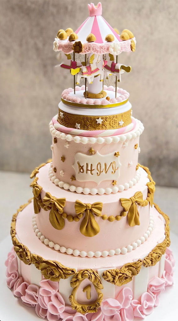 50+ Delightful 1st Birthday Cake Ideas for “Sweet Beginnings” : Gold & Pink Carousel Cake