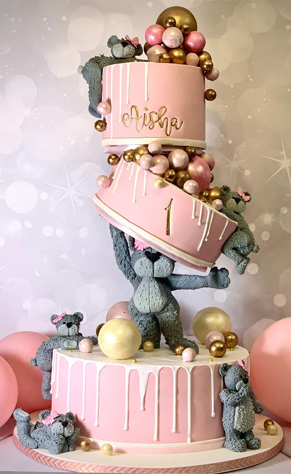 Pink Teddy First birthday cake, first birthday cake, first birthday cake ideas, first birthday cake, 1st birthday cake, cute first birthday cake