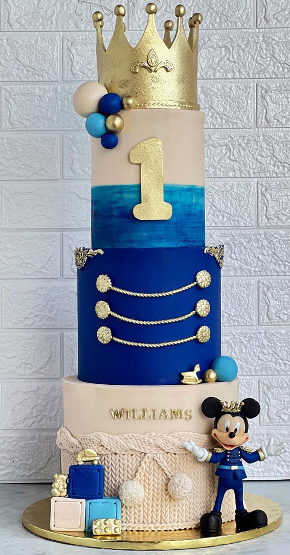 50+ Delightful 1st Birthday Cake Ideas for “Sweet Beginnings” : Royal Mickey Mouse Blue & Gold Cake