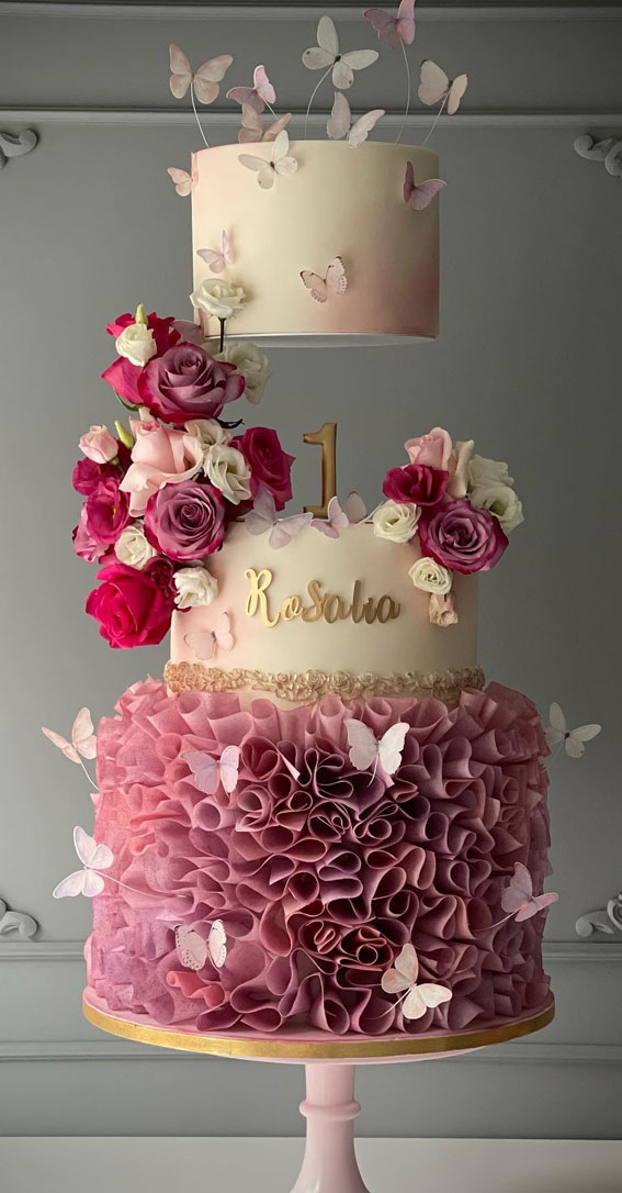 50+ Delightful 1st Birthday Cake Ideas for “Sweet Beginnings” : Cute Ruffle & Butterfly Cake