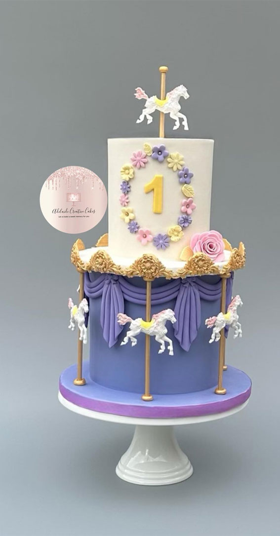 50+ Delightful 1st Birthday Cake Ideas for “Sweet Beginnings” : Indigo & White Carousel Cake