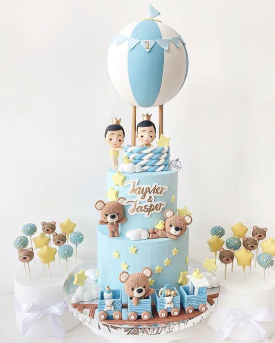 50+ Delightful 1st Birthday Cake Ideas for “Sweet Beginnings” : Hot Air Balloon & Toy Cake For Twin
