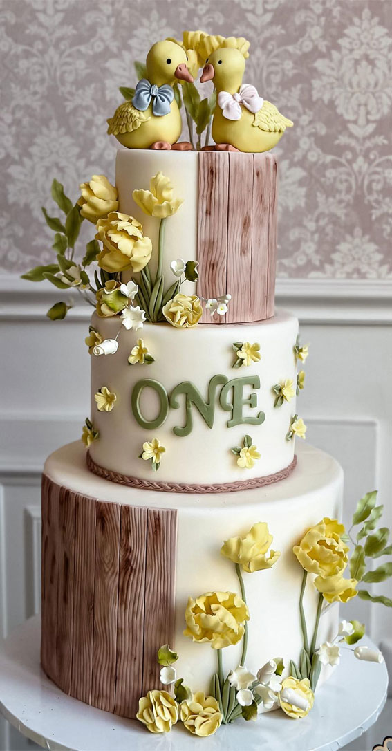 50+ Delightful 1st Birthday Cake Ideas for “Sweet Beginnings” : Duck & Floral Yellow & Brown Cake