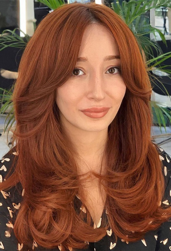 50+ Captivating Hair Colors for the Chilly Season : Copper Orange Butterfly Haircut