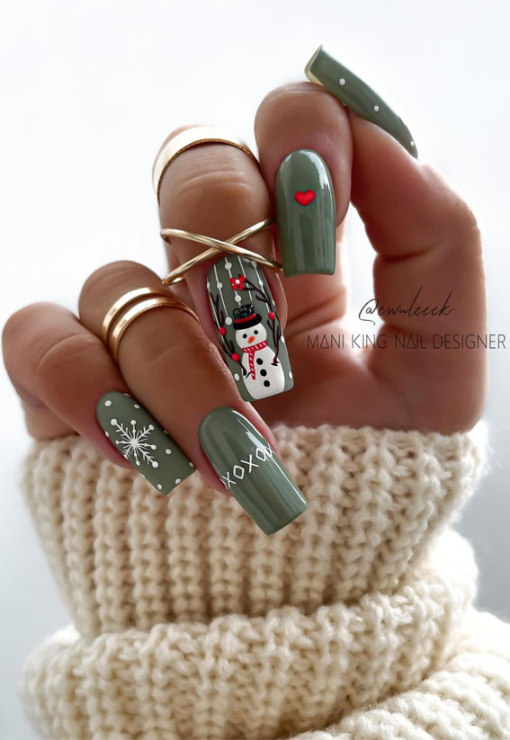 Festive Elegance in Christmas Nail Art : Snowman Dark Sage Green Nails