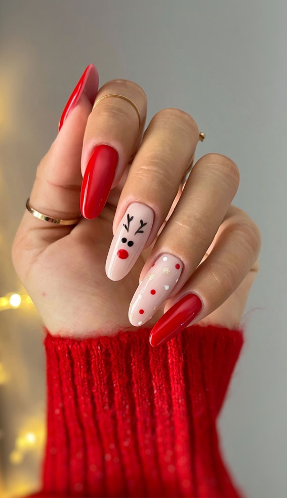 Festive Elegance in Christmas Nail Art : Reindeer Red Nose Nails