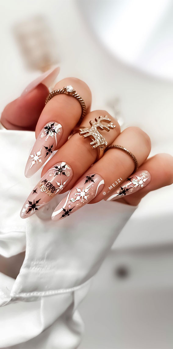 Festive Elegance in Christmas Nail Art : Sophisticated Subtle Nails with Black Snowflake