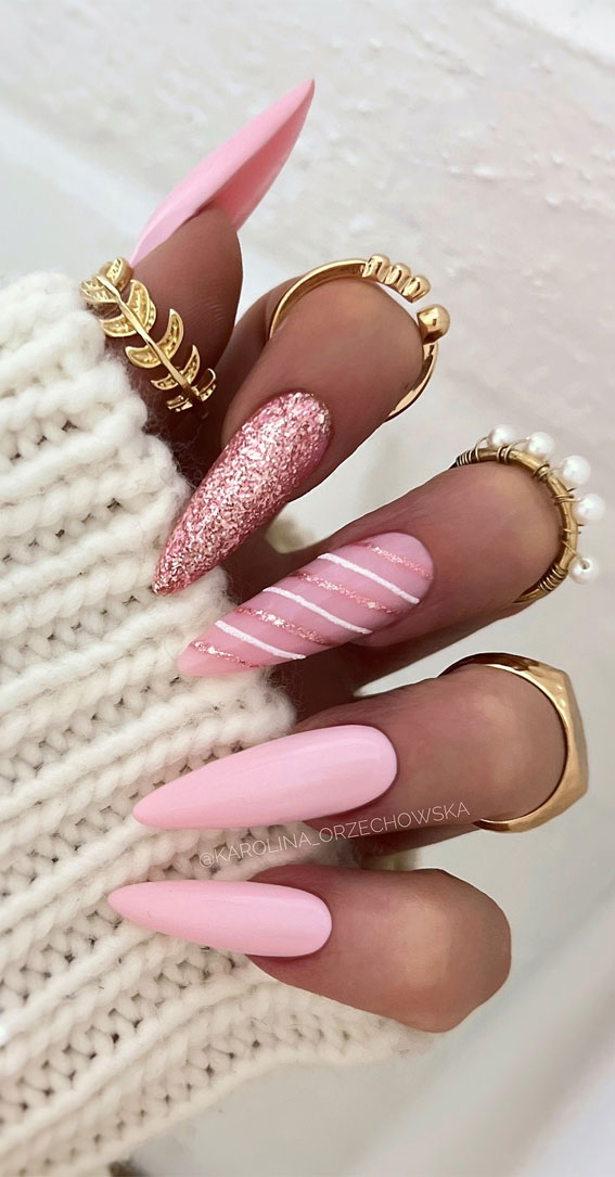 Festive Elegance in Christmas Nail Art : Sophisticated Candy Cane Pink Nails