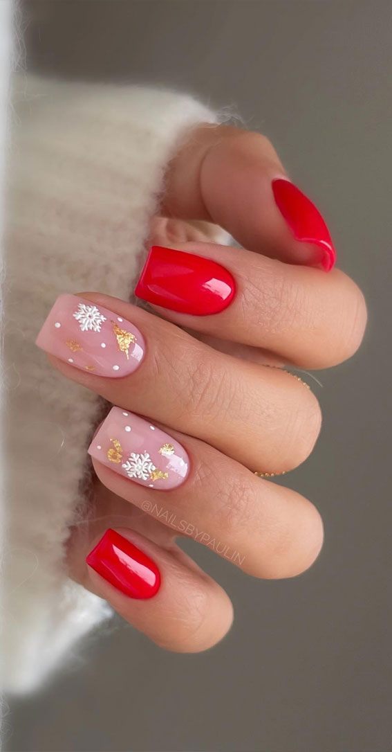Festive Elegance in Christmas Nail Art : White Snowflake + Red Nails