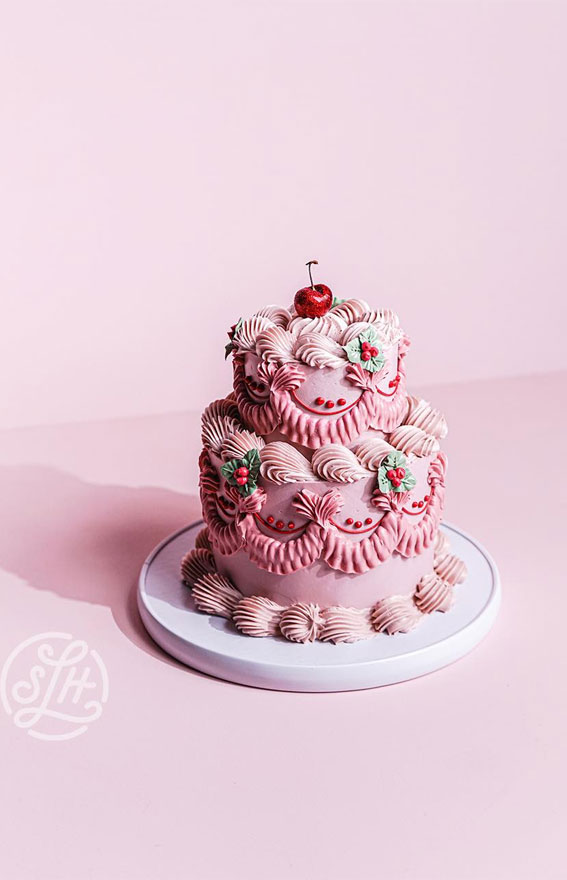 Festive Cake Ideas for Winter Wonderland Delights : Two-Tiered Pink Lambeth Festive Cake