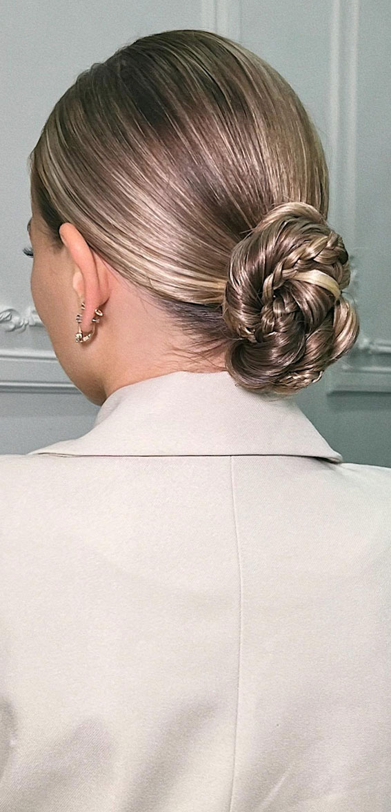 40 Timeless and Elegant Updo Hairstyles : Elegance Twisted Low Bun with Braid
