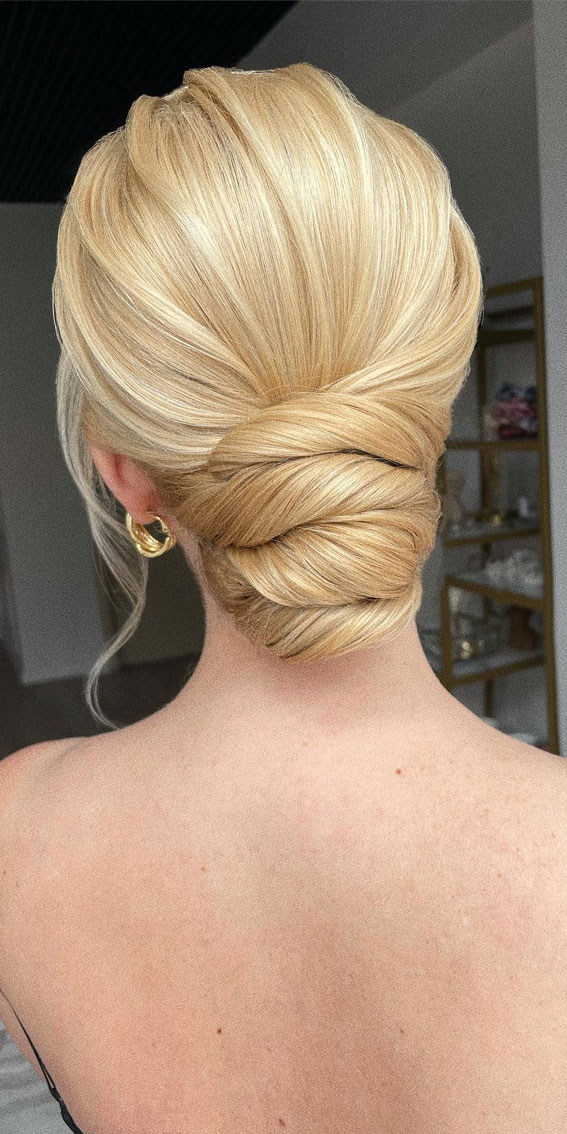40 Timeless and Elegant Updo Hairstyles : Honey Blonde with Low Bun