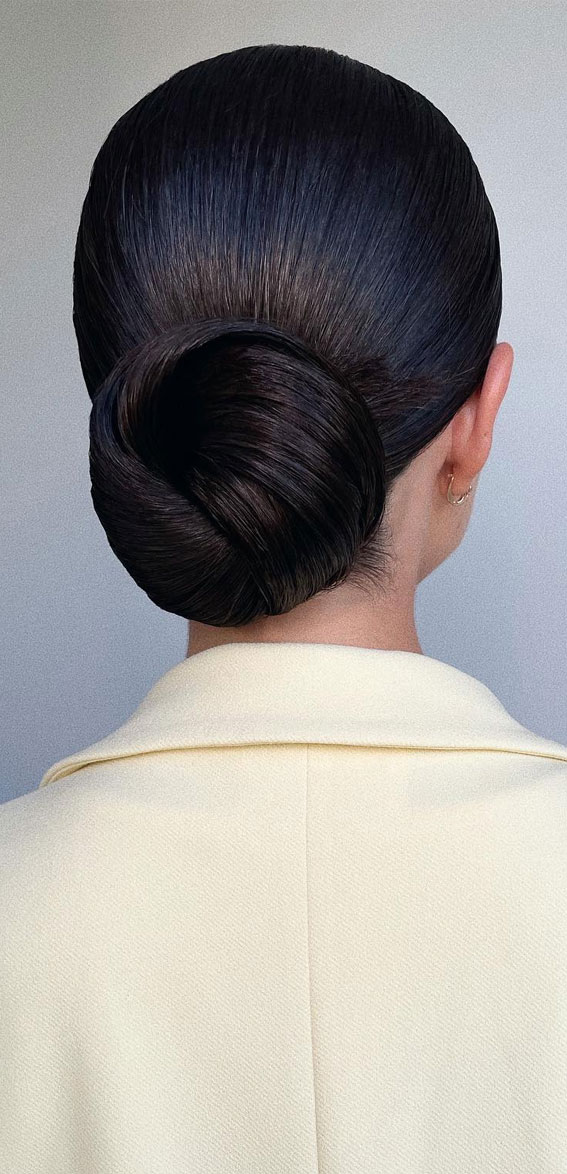 40 Timeless and Elegant Updo Hairstyles : Knot Low Bun for Dark Hair