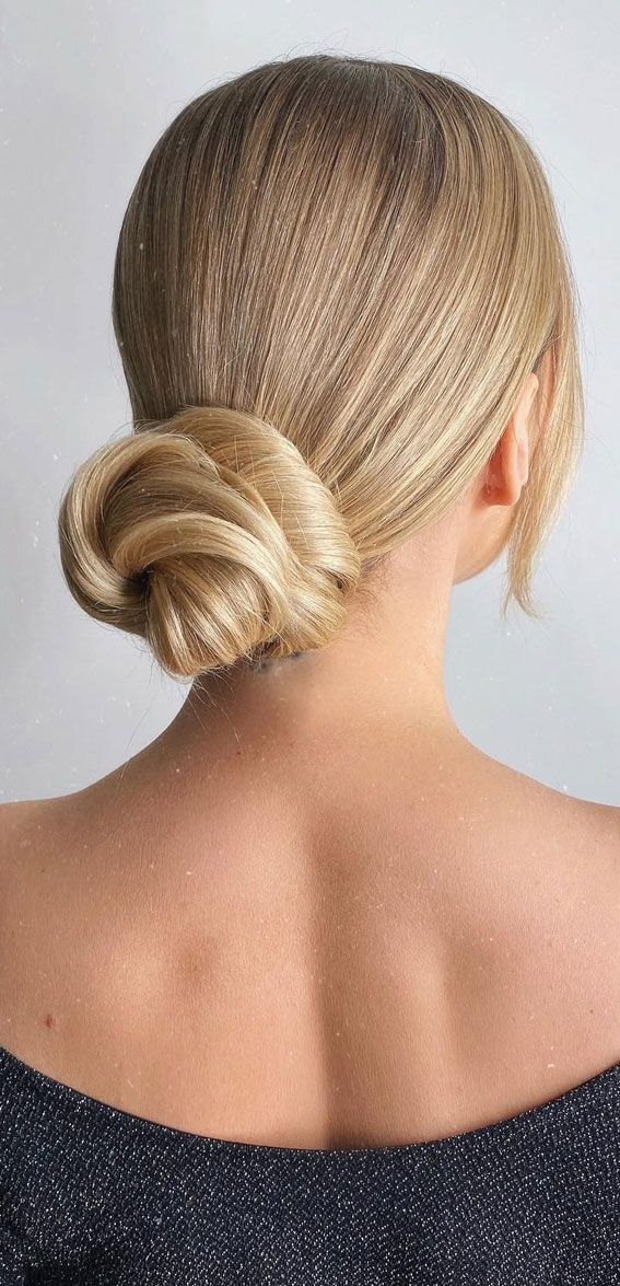 40 Timeless and Elegant Updo Hairstyles : Twisted Low Bun Honey Blonde Hair
