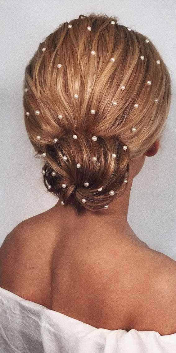 40 Timeless and Elegant Updo Hairstyles :Textured Low Bun Adorned with Pearls