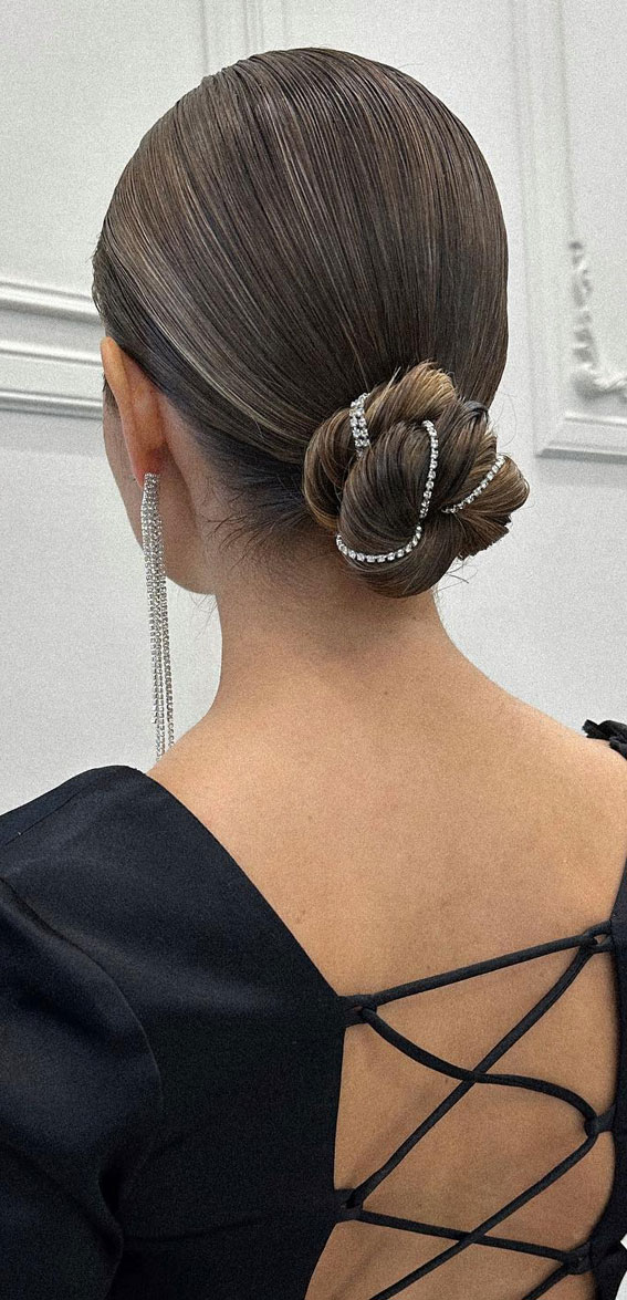 40 Timeless and Elegant Updo Hairstyles : Twisted Low Bun with Rhinestones Accent