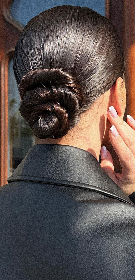 40 Timeless and Elegant Updo Hairstyles : Smooth Twisted Low Bun