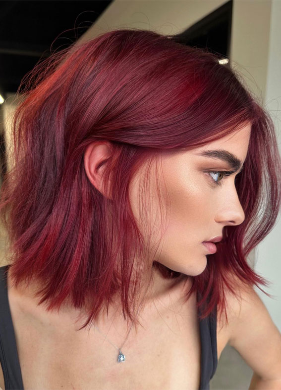 Winter Enchantment Hair Colours To Embrace The Season : Red Mulled Wine Textured Long Bob