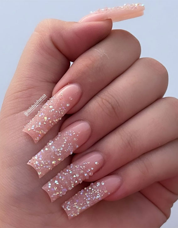 Celebrate Glam 22 Elegant Birthday Nail Designs : Ombre Nude Nails with Rhinestones