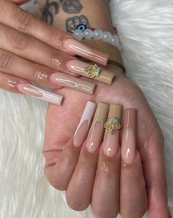 Celebrate Glam 22 Elegant Birthday Nail Designs : Ombre Brown Nails with Crown Gem