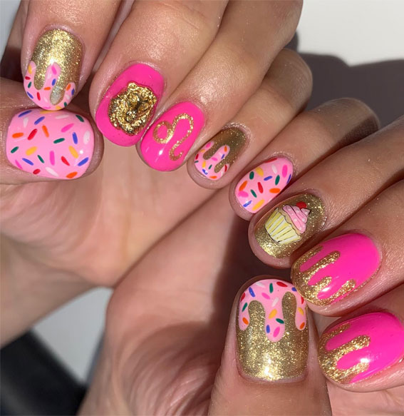 Celebrate Glam 22 Elegant Birthday Nail Designs : Pink and Glitter Gold Fiesta