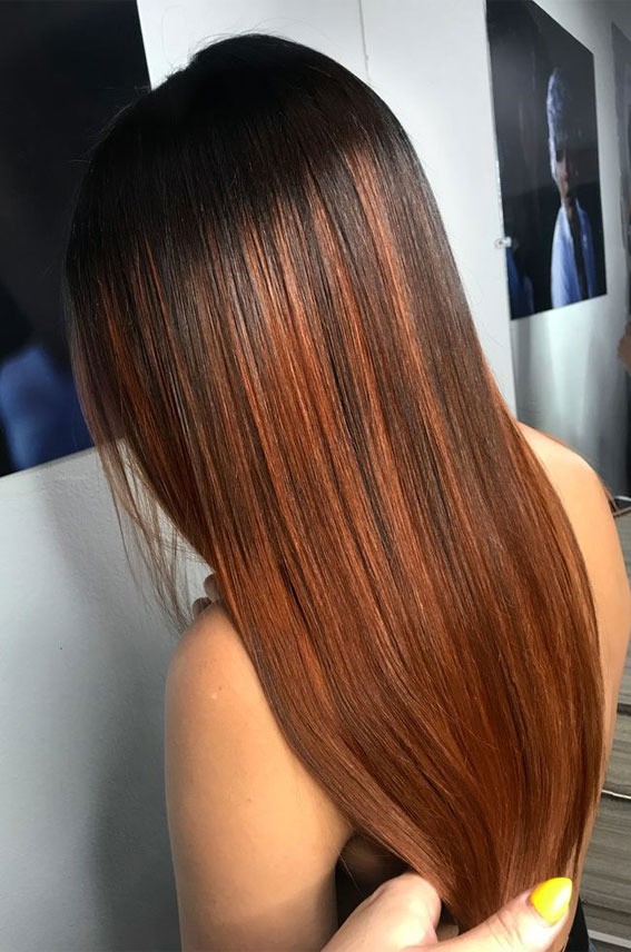 Winter Enchantment Hair Colours To Embrace The Season : Dark Roots + Copper Balayage Straight Hair