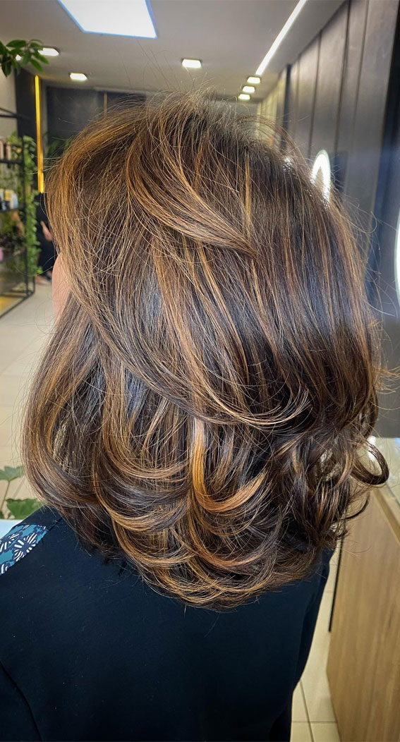 Spring-Inspired Hair Colour Ideas to Freshen Your Look : Caramel Highlights Layered Shoulder Length