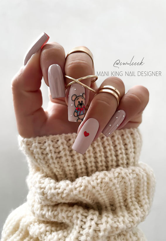 Captivating Valentine’s Day Nail Designs : Cute Teddy Bear Nude Nails