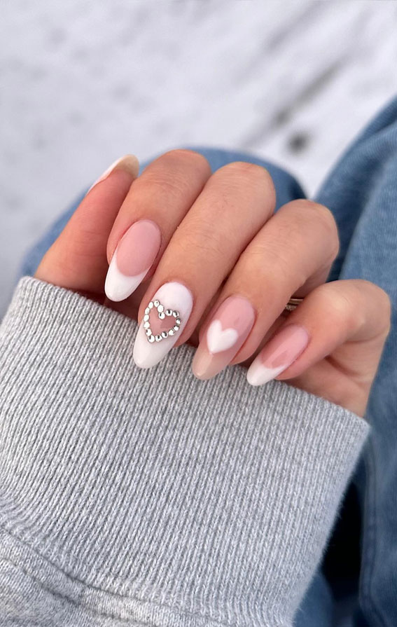 Captivating Valentine’s Day Nail Designs : Rhinestone Love Heart + White Nails