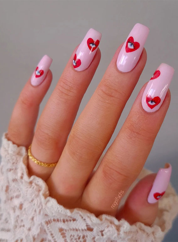 Comme des gracon nails, Love-inspired nail aesthetics, Valentine's day nails, love heart nails, pink nails, pink and red nail, Valentine's day French Nails, Valentine's day simple nails, date night manicure, red nails, Valentines nails, simple nails, Valentines French manicure