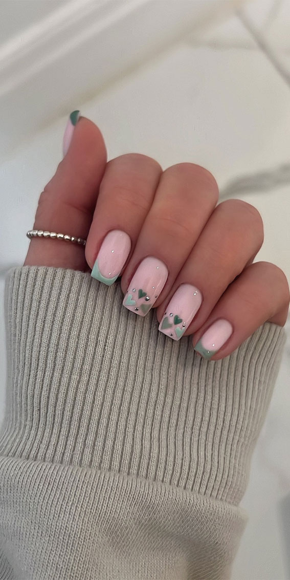 sage heart nails, Love-inspired nail aesthetics, Valentine's day nails, love heart nails, pink nails, pink and red nail, Valentine's day French Nails, Valentine's day simple nails, date night manicure, red nails, Valentines nails, simple nails, Valentines French manicure