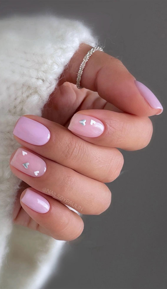 Captivating Valentine’s Day Nail Designs : Silver & White Love Heart Neutral Nails