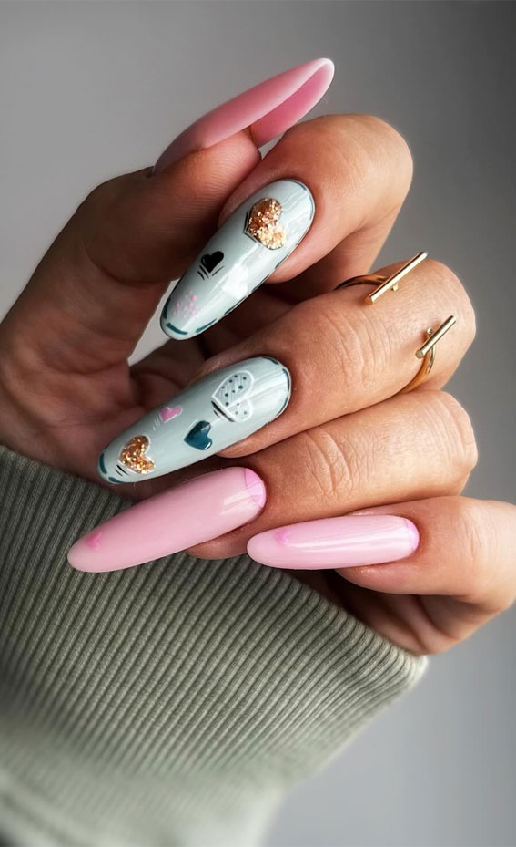 Captivating Valentine’s Day Nail Designs : Green & Pink Almond Nails
