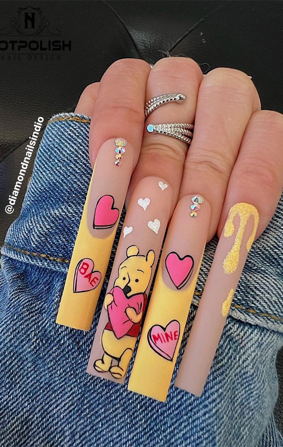 Captivating Valentine’s Day Nail Designs : Winnie The Pooh-Inspired Nails