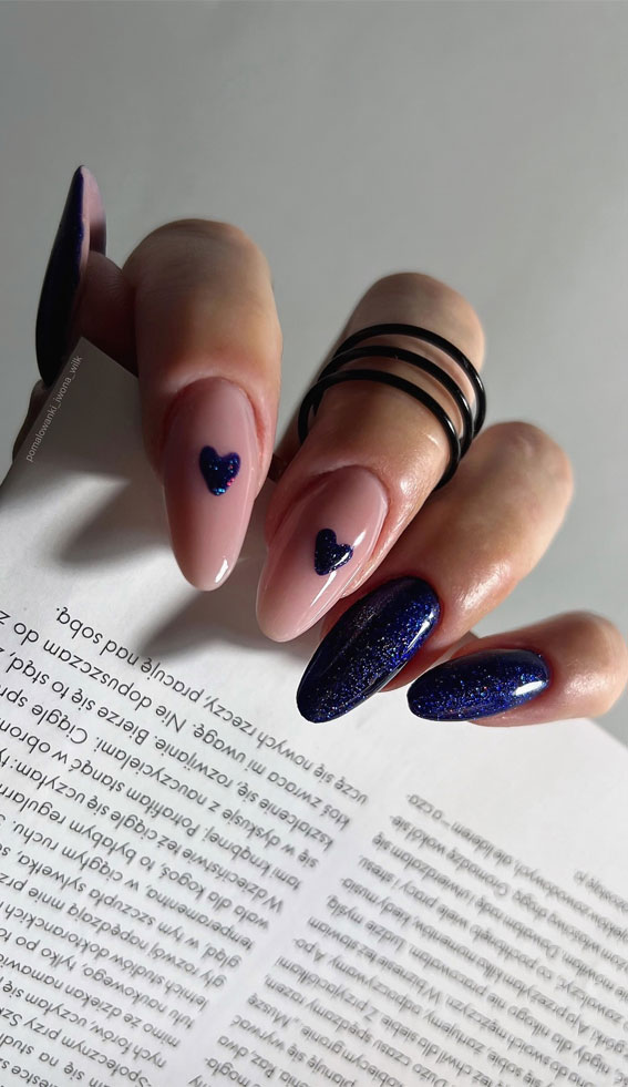Captivating Valentine’s Day Nail Designs : Love Heart Blue Shimmery Nails