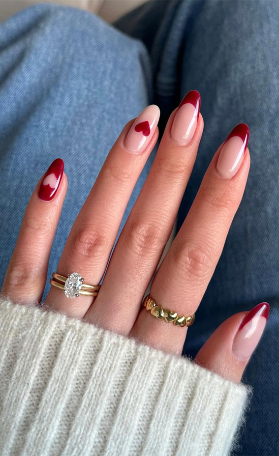 Captivating Valentine’s Day Nail Designs : Blood Red Love Heart + French Tip Nails
