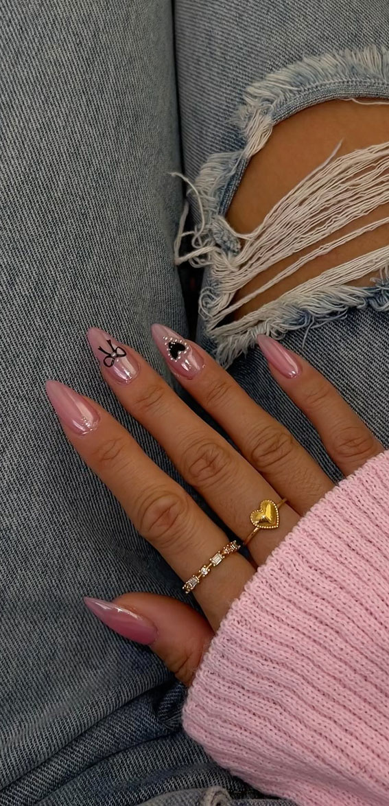 Captivating Valentine’s Day Nail Designs : Black Heart + Black Bow Pink Chrome Nails