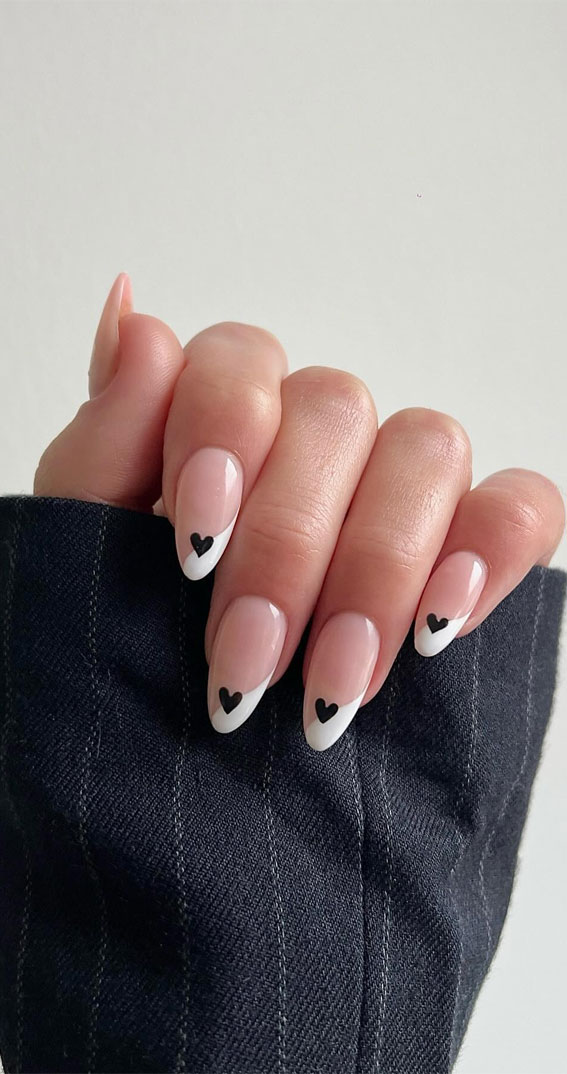 Captivating Valentine’s Day Nail Designs : White Side French + Black Love Heart