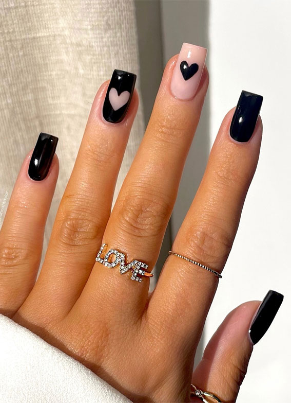 Captivating Valentine’s Day Nail Designs : Black & Subtle Nails with Black + Cutout Heart