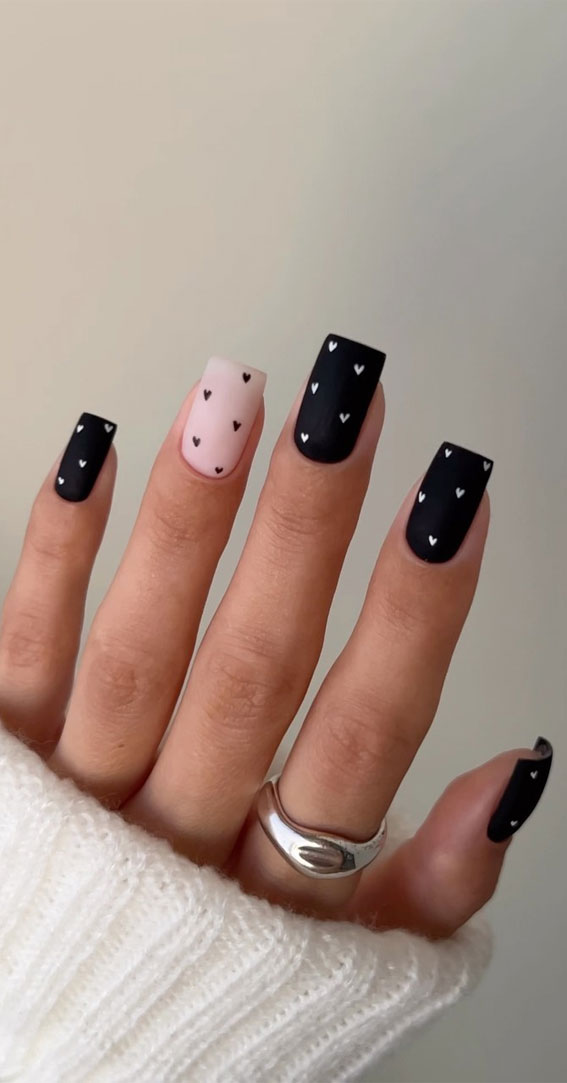 Captivating Valentine’s Day Nail Designs : Matte Black Nails with Love Hearts